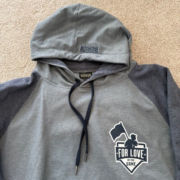 Baseballism Hoodie Double Sided Graphic Gray with Blue Raglan Sleeves Mens XL - Picture 2 of 11
